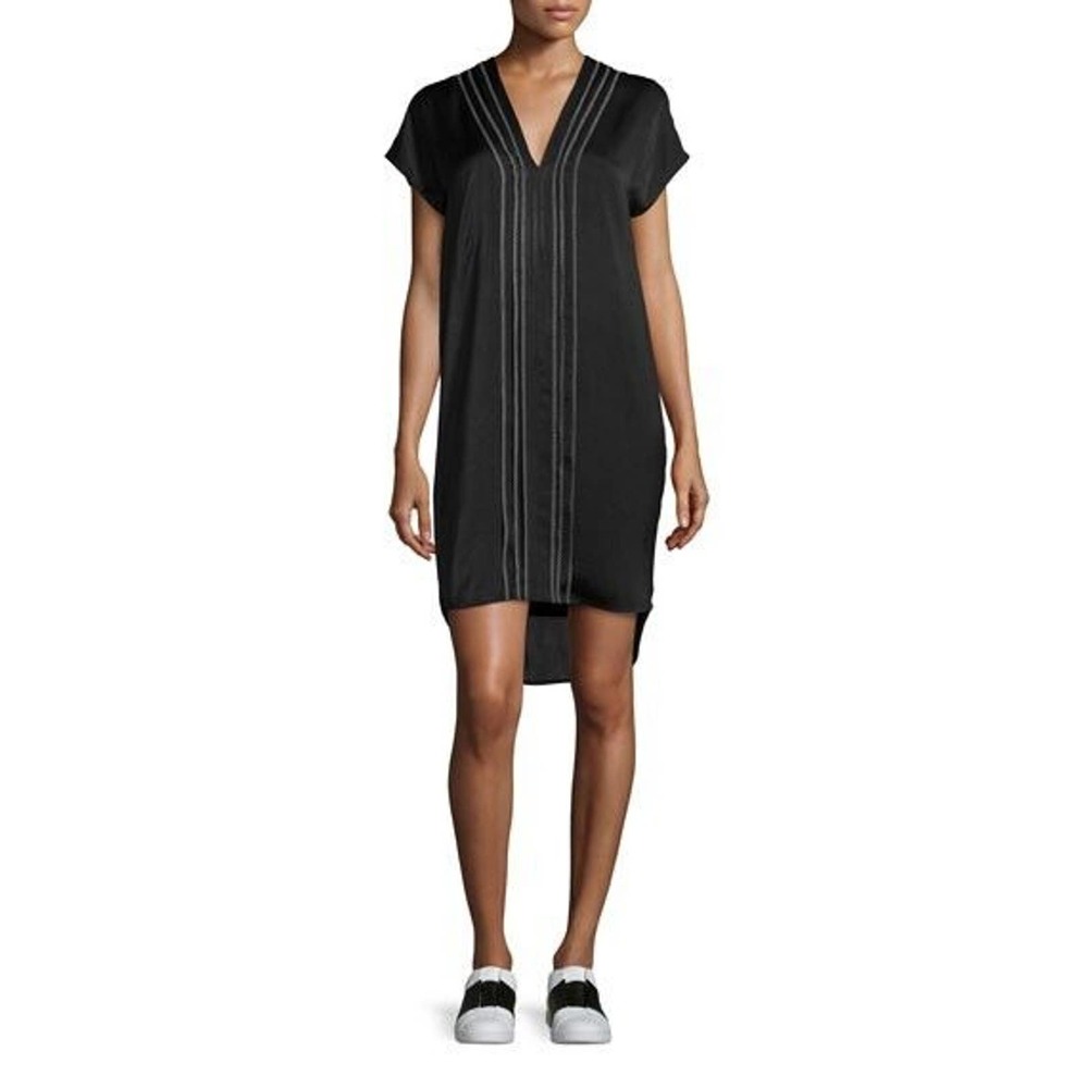 Vince Embroidered Front V Neck Shift Dress Black Short Sleeve Tunic High…